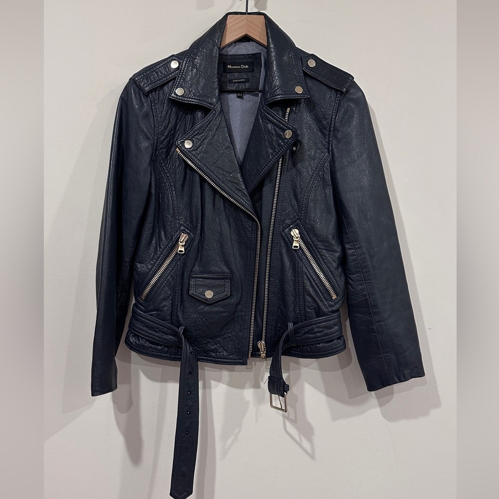 Massimo Dutti Navy Blue Genuine Leather Biker Jacket Sheep Leather 
Size S